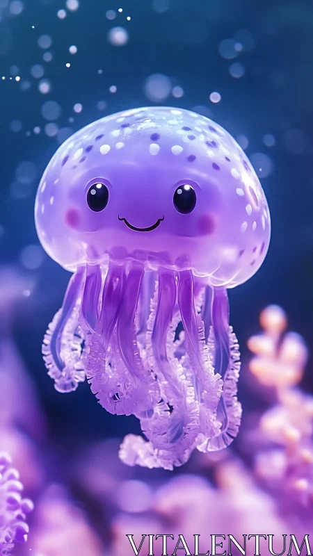 Smiling purple jellyfish friend glowing in a gentle sea.