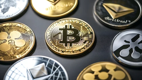 Shining crypto coins arranged in a bold, modern circle.