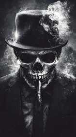 Skull gentleman in suit with smoking top hat silhouette.