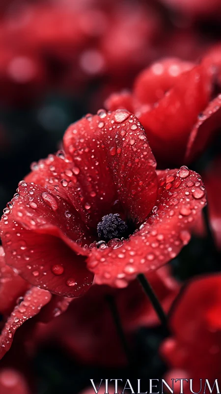 Crimson petals suspended with crystalline water droplets in macro detail.