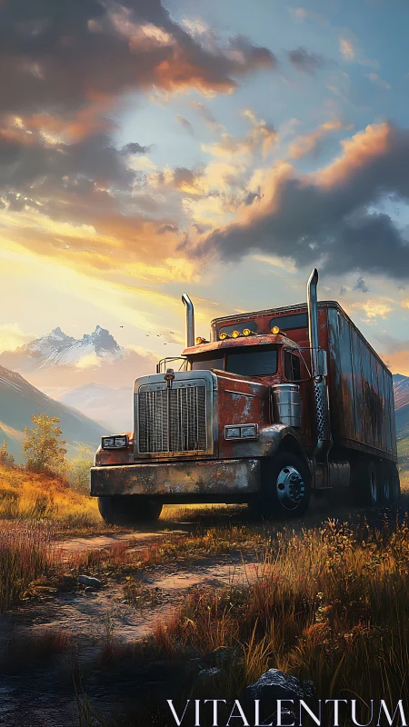 Rusting semi truck on rural dirt track in mountain valley.