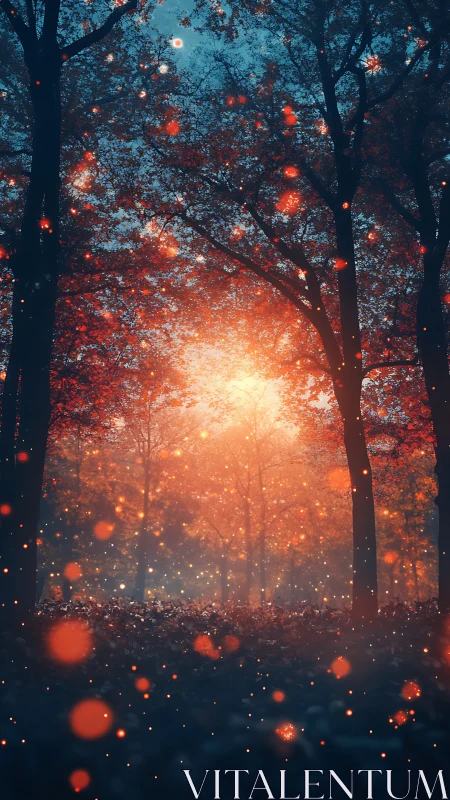 Luminous Forest Passage at Sunset with Particle Effects.