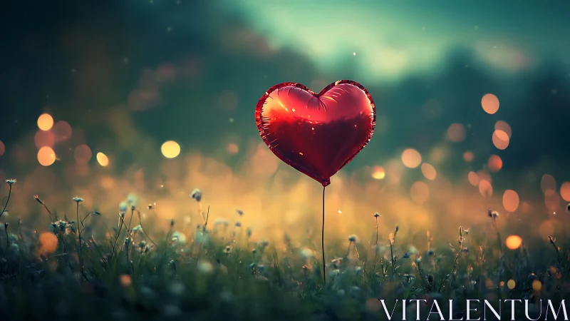 Red Heart Balloon Rising Through Golden Wildflower Field