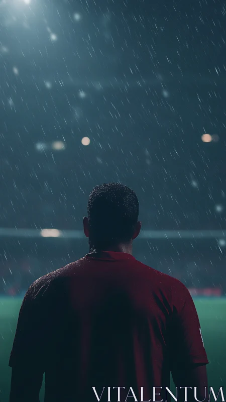 Soccer player viewed from behind under stadium rain