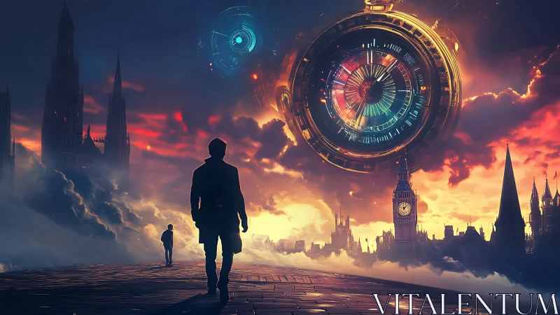 Timewalker above London: surreal clockstorm over twilight streets.