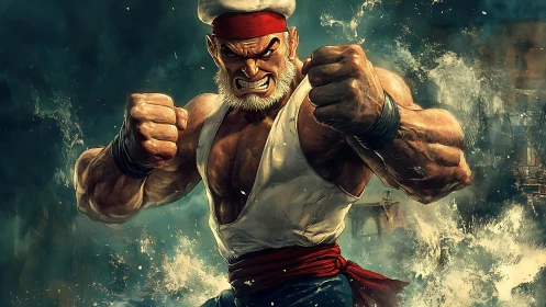 Muscular sailor fighter posing with clenched fists in water.