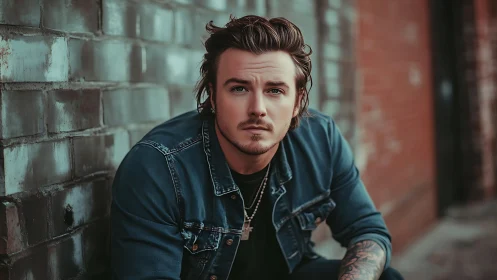 Moody urban portrait of man in denim against brick wall.