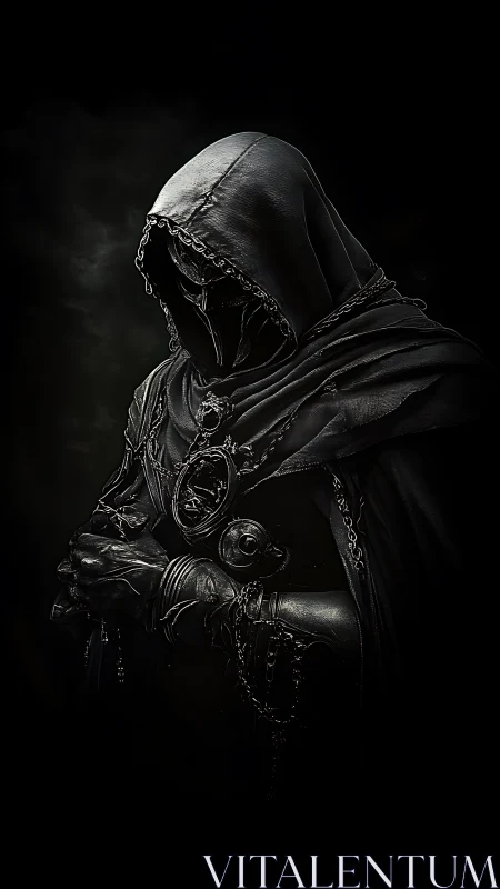 Hooded armored figure in dark cloak with chained adornments.