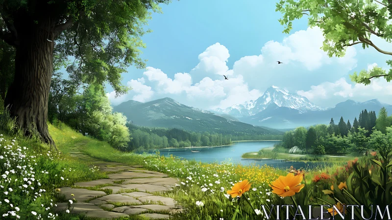 High-fidelity digital landscape with lake, path, and alpine range.