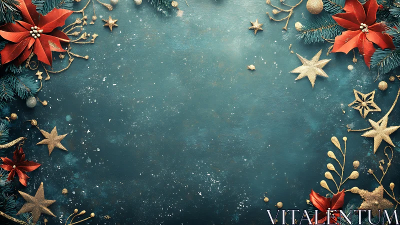 Christmas border with red poinsettias on teal background.