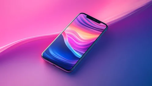 Modern smartphone with vibrant abstract screen on neon gradient background.