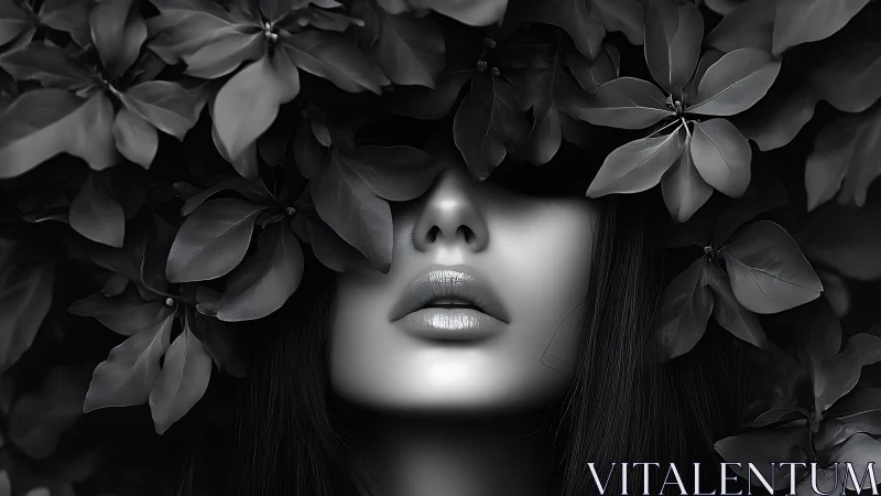 Monochrome photoreal portrait framed by dense botanical canopy.