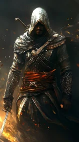 Hooded swordsman in layered armor walks through embers