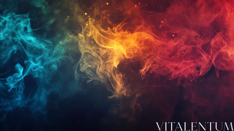 Fiery orange nebula merges with cool blue and red clouds.