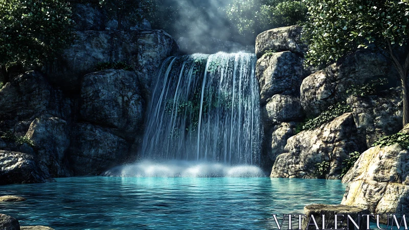 Digital render shows waterfall cascading into clear blue pool