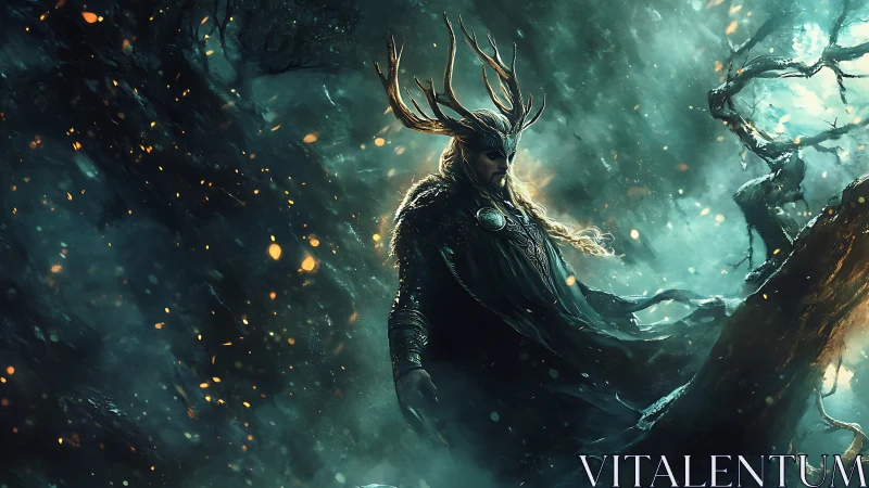 Antlered forest king amid stormlit enchanted woods.