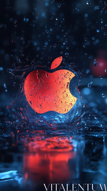 Glowing red apple emblem emerges through dynamic water spray