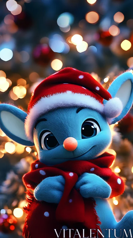 Blue holiday critter tucks into twinkling Christmas warmth