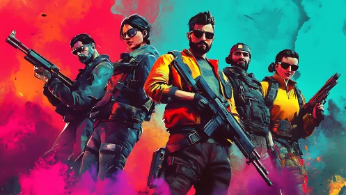 Tactical strike squad stands against neon smoke assault