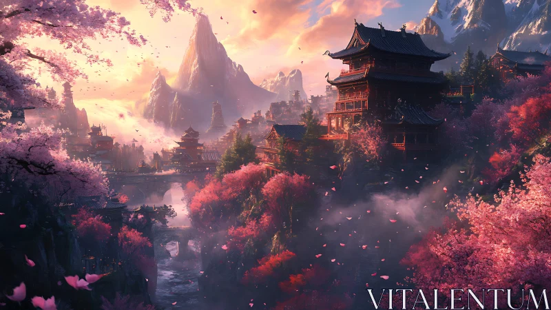 Sunlit mountain temples amid blooming sakura valley mist.
