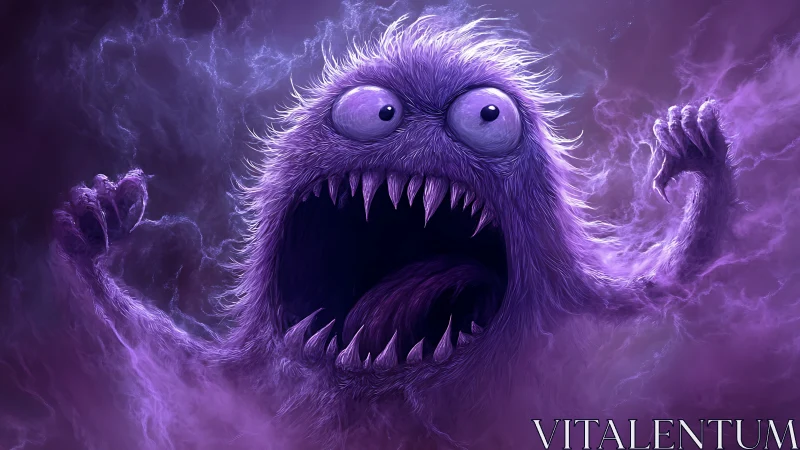 Purple furry monster screams with wide mouth and sharp teeth