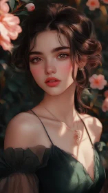 Digital portrait of young woman amid soft garden blooms.