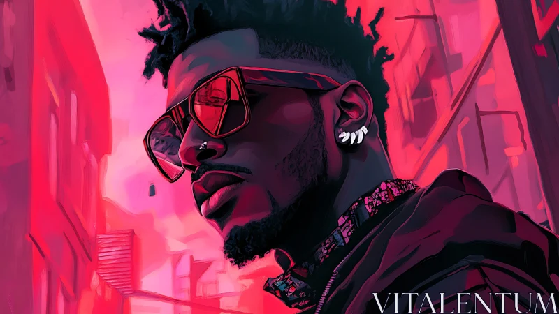 Electric neon street portrait of man in angular red shades.