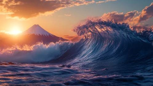 Sunlit mountain and breaking ocean wave form balanced scene