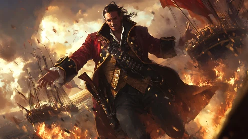 Bold pirate captain strides through blazing sea battle.