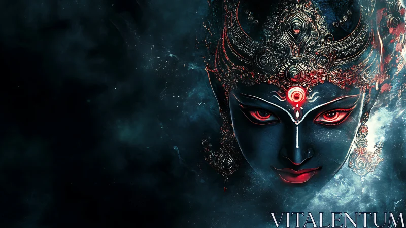 Divine warrior visage in glowing cyan mist and crimson gaze.