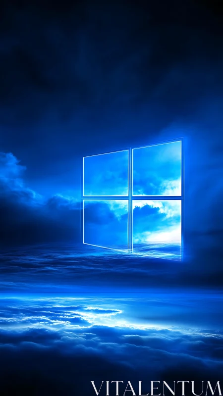 Glowing blue window logo floating above luminous clouds.