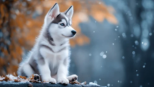 Husky puppy sitting outdoors on a cold autumn day.