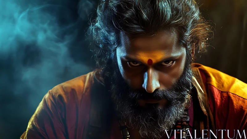 Intense bearded mystic with painted forehead in smoke