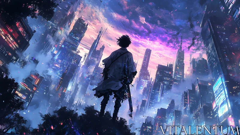 Lone wanderer confronts neon storm over fractured cybercity.