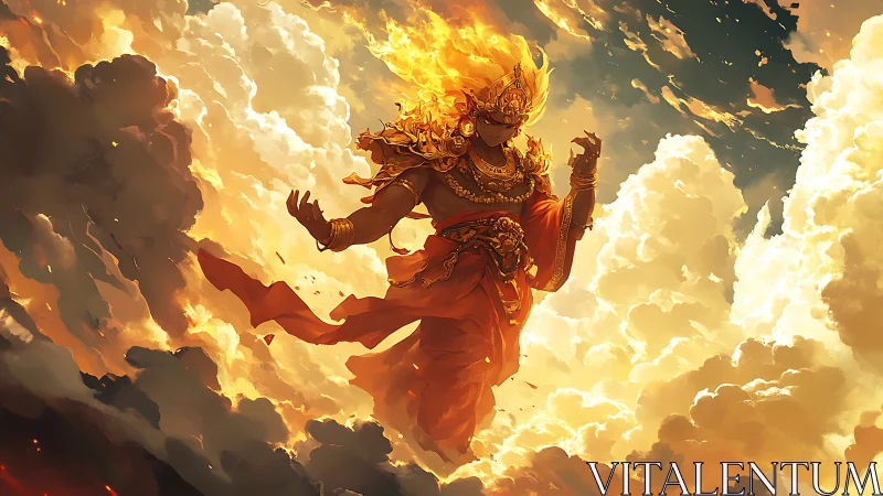 Fiery sky deity ascending through blazing celestial clouds.