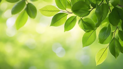 Sunlit green leaves frame a soft, glowing nature backdrop.
