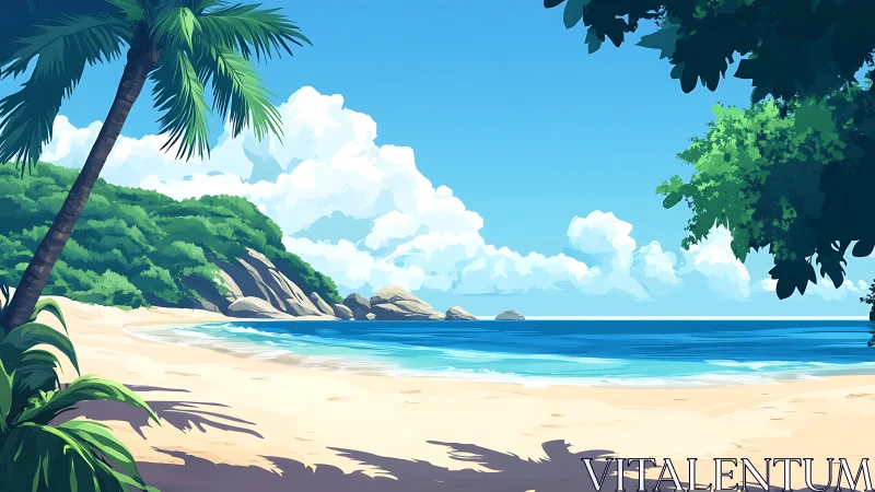 Tropical Beach Landscape with Palm Fronds and Azure Waters.
