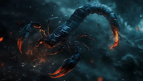 Fiery cybernetic scorpion emerges from smoky neon shadows