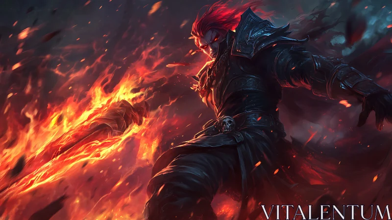 Armored red haired warrior with flaming sword in motion.