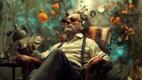 Older man in armchair with gauges, headset and flowers.