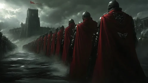 Armored soldiers in red cloaks before fortified citadel.
