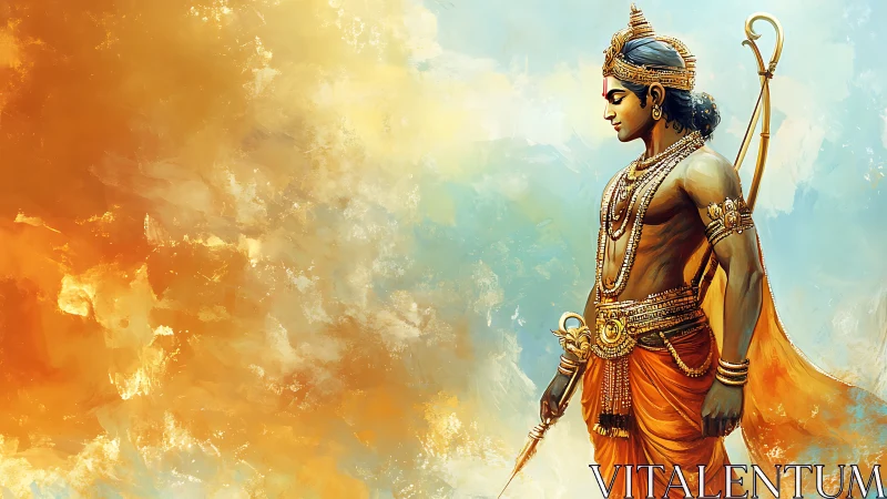 Warrior figure stands in profile against warm abstract sky