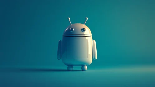 Glossy teal service droid in minimal studio environment.