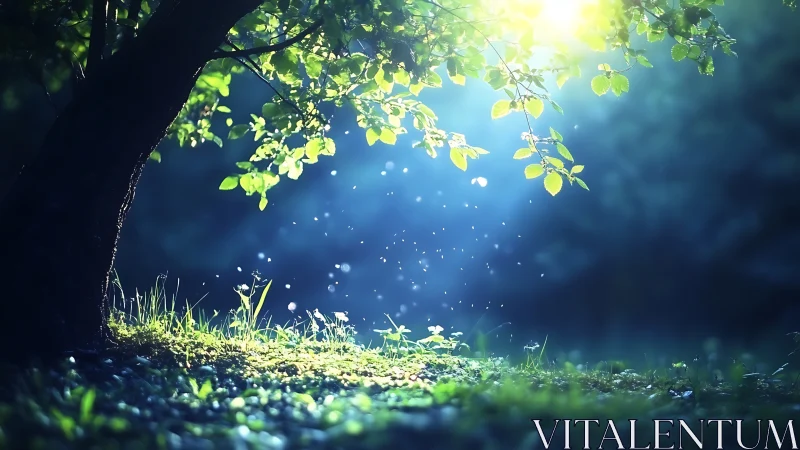 Tranquil Sunlit Forest Scene with Glowing Particles, Dreamy Style.