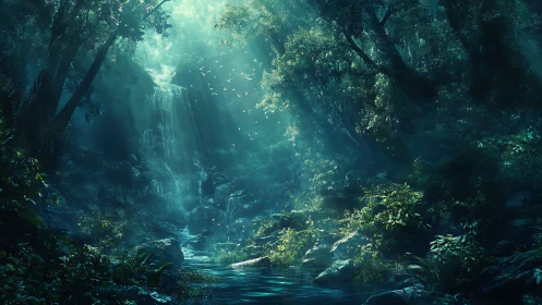 Mystical Cavern Waterscape with Ethereal Light Rays.