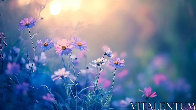 Cosmos flowers in soft light with blurred background field.
