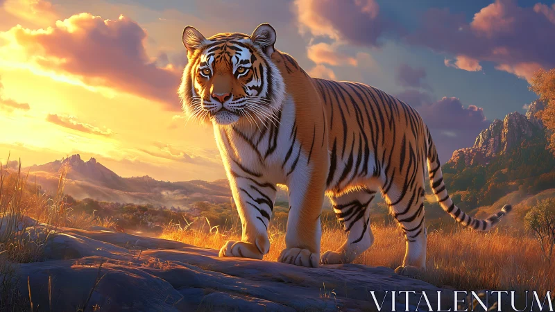 Sunlit tiger striding across golden grassland plateau.