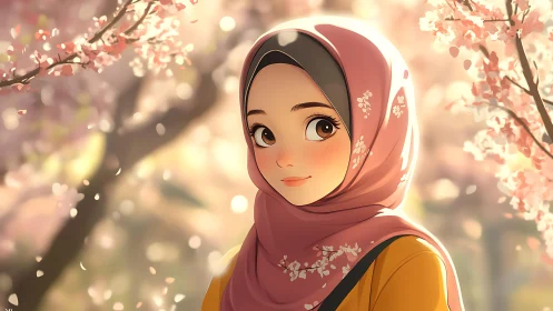 Hijab-wearing girl illustration in soft floral setting.