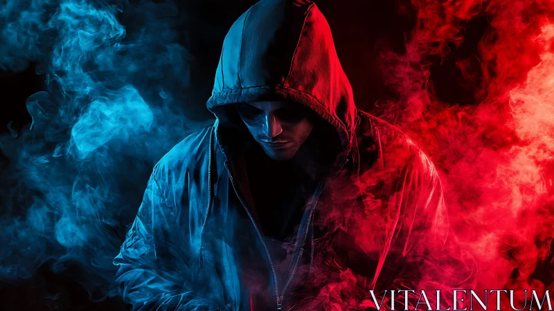 Hooded figure stands in dramatic red and blue neon smoke contrast