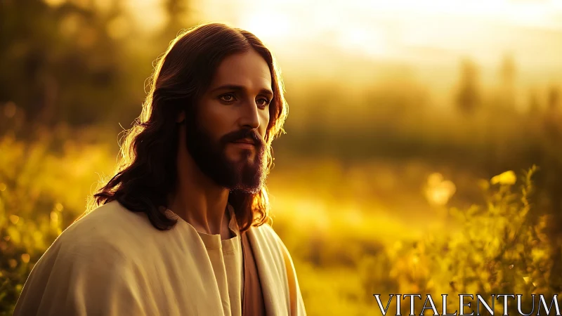 Long haired bearded man stands outdoors in warm sunset light